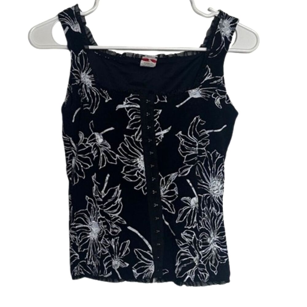 Newport Floral Lace Corset Top Women Medium Hook Eye Closure Ruffle Coquet Black